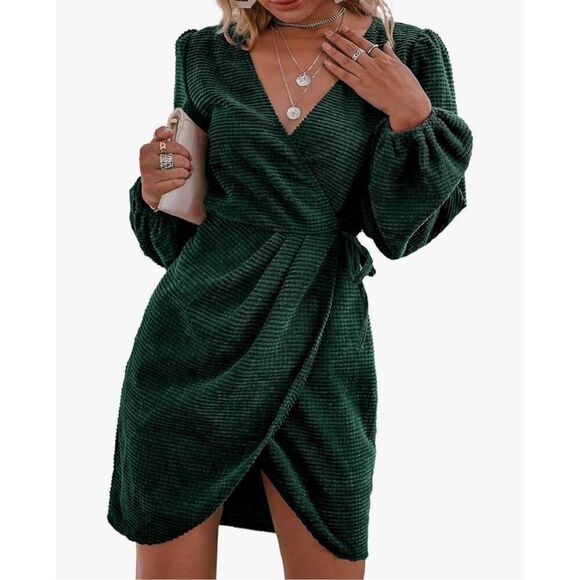 NEW Green Long Sleeve Wrap Waffle Velvet Mini Dress S - Picture 1 of 6